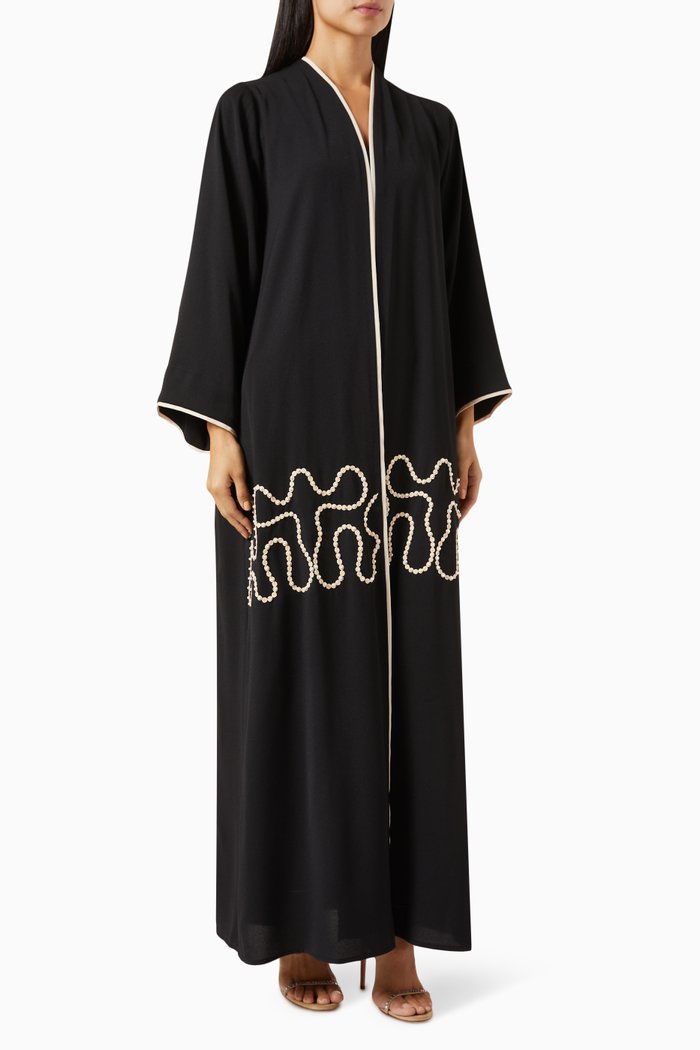 

Pearl-embroidered Abaya in Crepe, Black