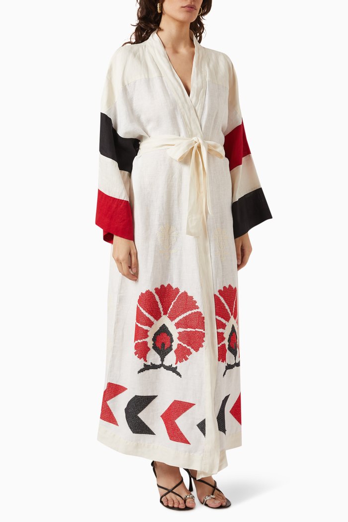 

Embroidered Kaftan in Linen, Multicolour