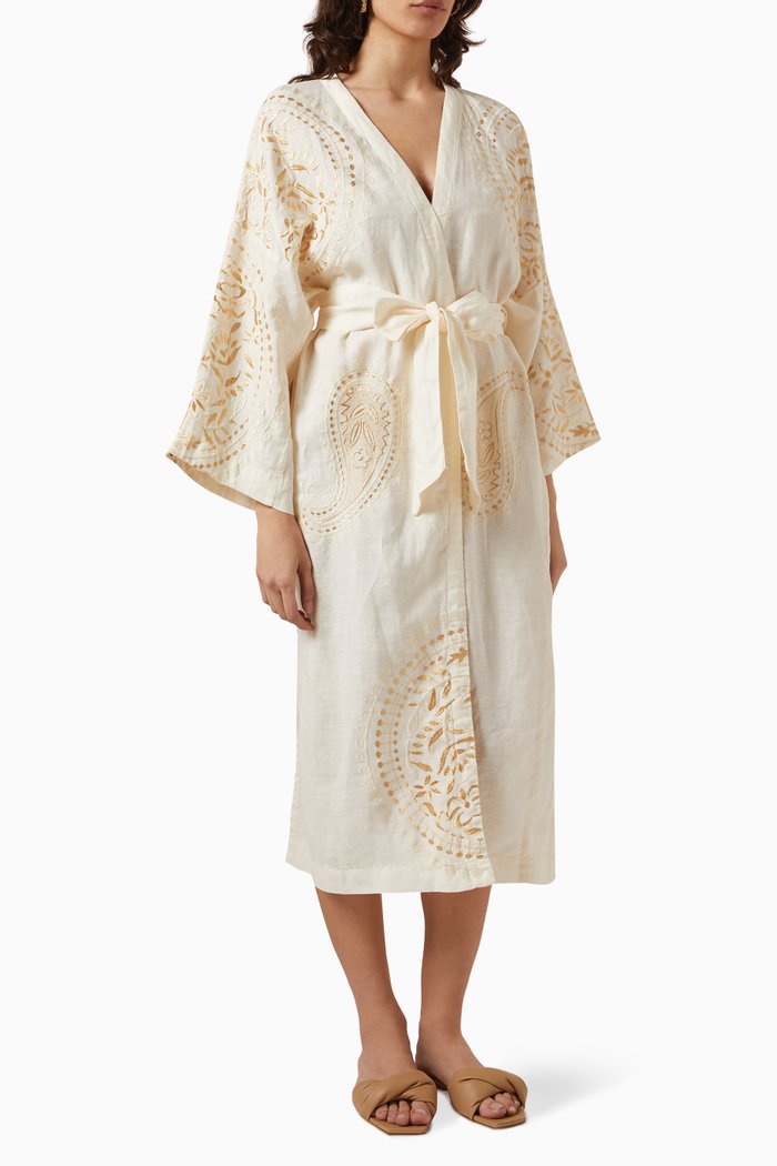 

Embroidered Kaftan in Linen, Neutral