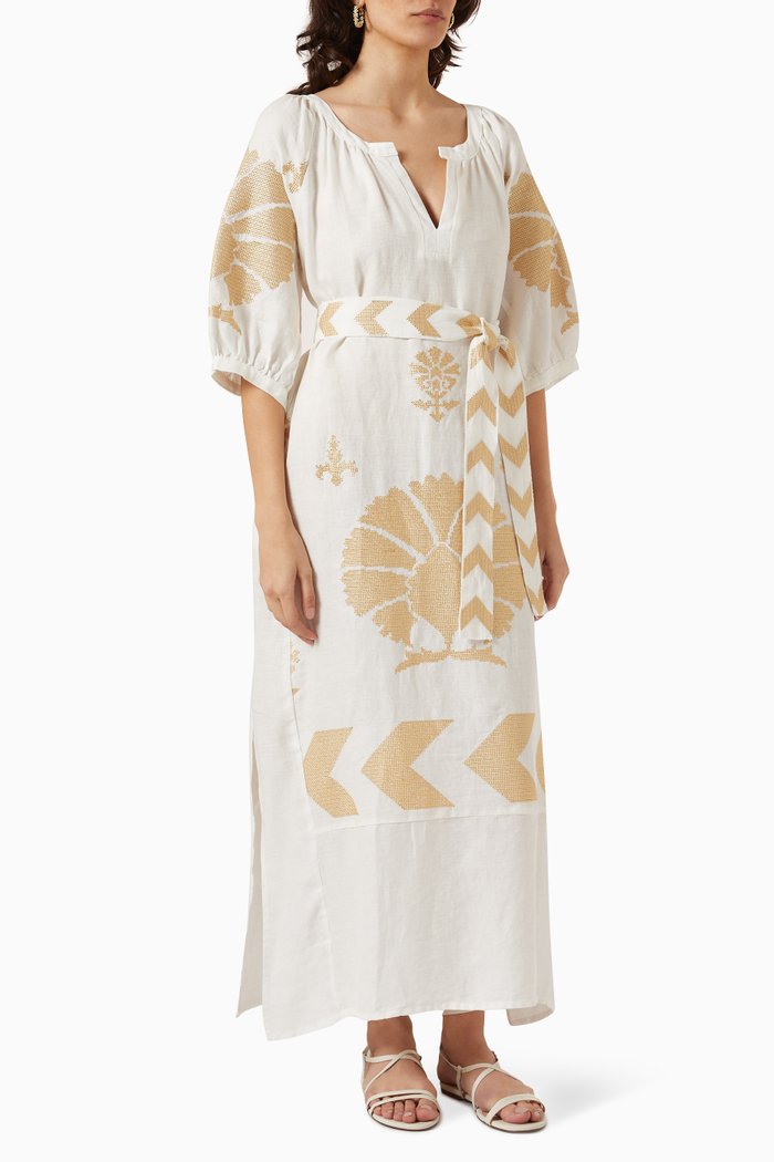 

Embroidered Puff-sleeved Kaftan in Linen, White