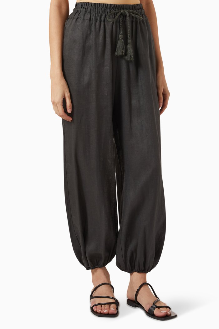 

Tassel Drawcord Elasticated Pants in Linen, Black