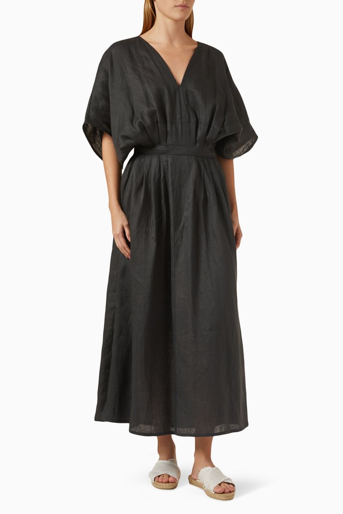 

V-neck Midi Dress in Linen, Black