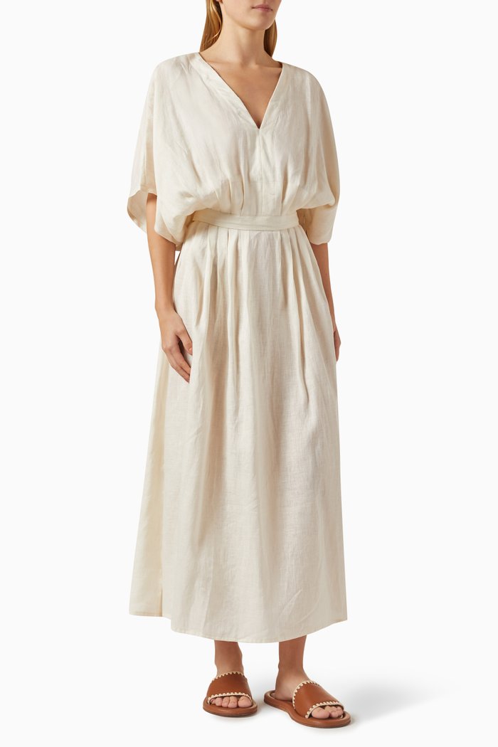 

V-neck Midi Dress in Linen, Neutral