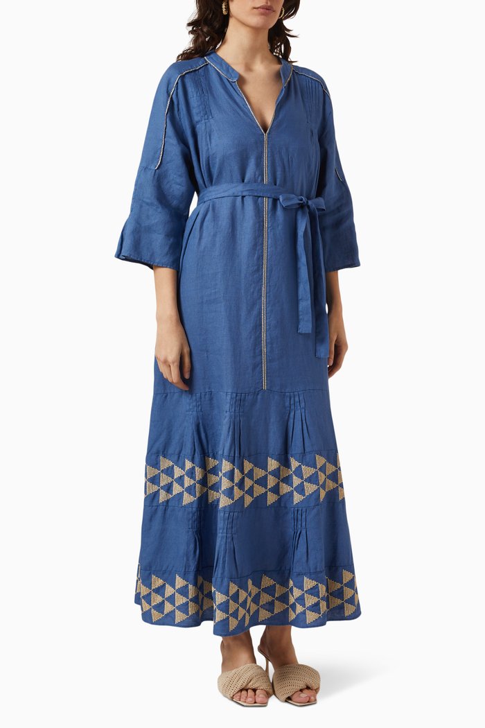 

Embroidered Maxi Dress in Linen, Blue