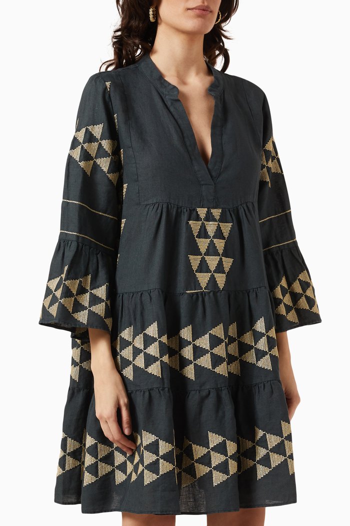 

Embroidered Mini Dress in Linen, Black