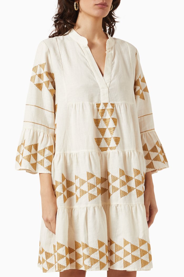 

Embroidered Mini Dress in Linen, Neutral
