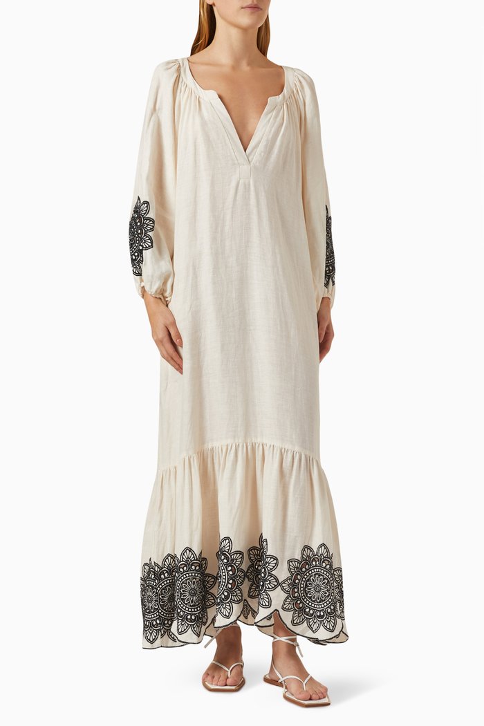 

Embroidered Maxi Dress in Linen, Neutral