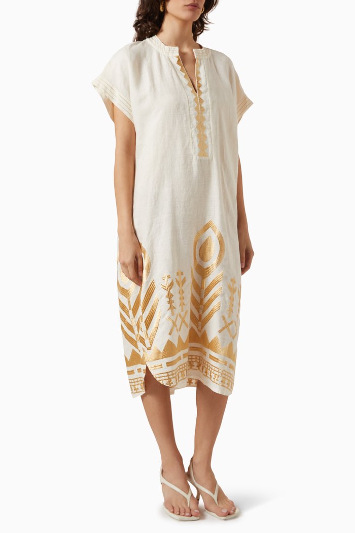 

Embroidered Kaftan Dress in Linen, Neutral