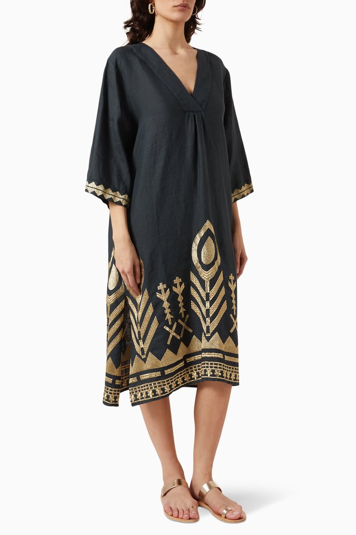 

Embroidered Kaftan in Linen, Black