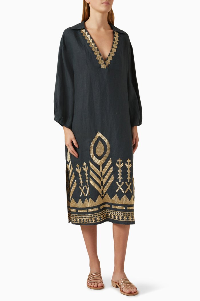 

Embroidered Kaftan in Linen, Black