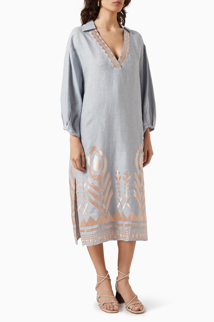 

Embroidered Kaftan in Linen, Grey
