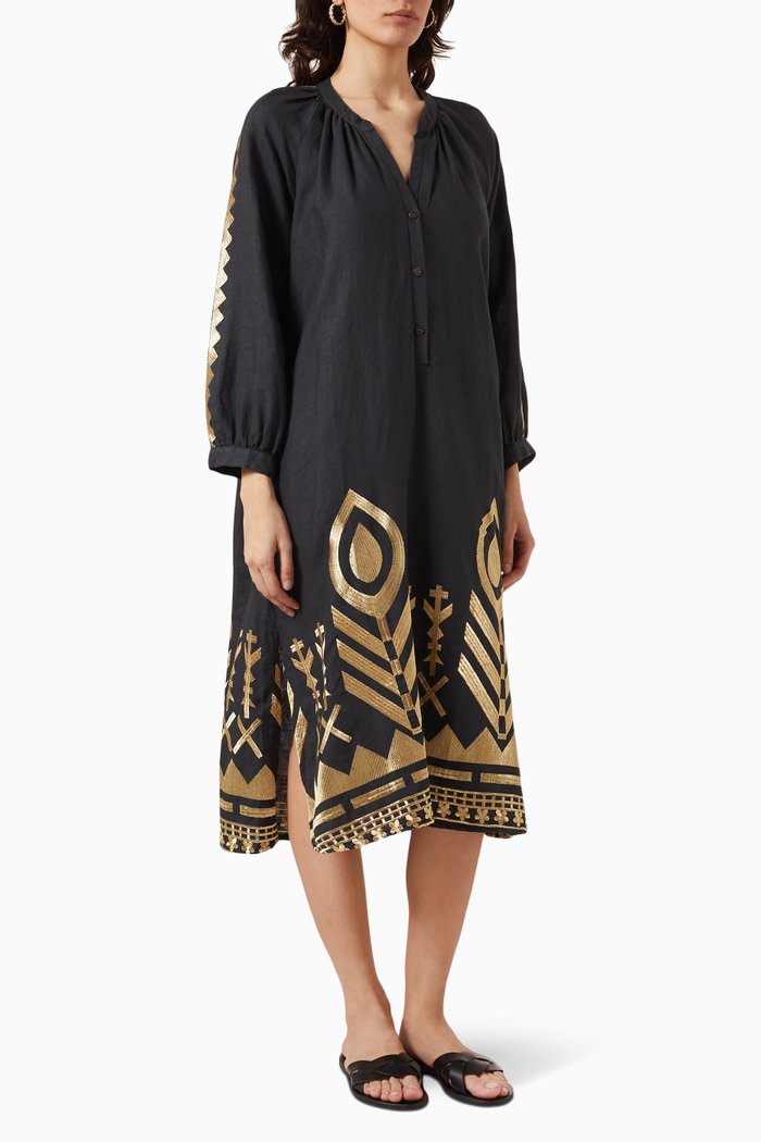 

Embroidered Kaftan in Linen, Black