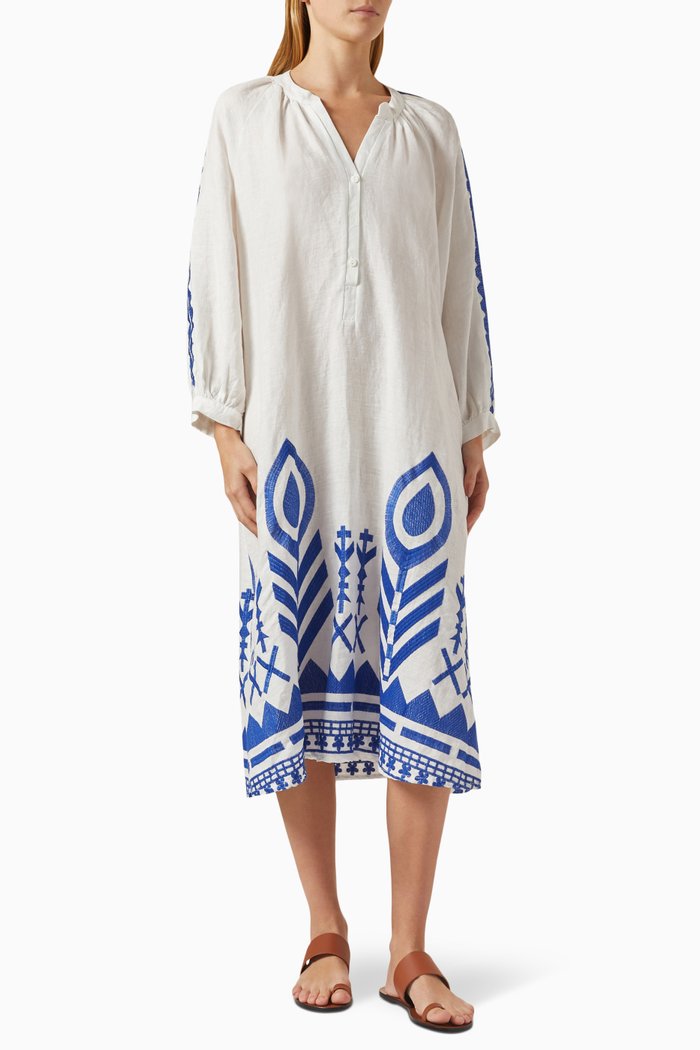 

Embroidered Kaftan in Linen, Blue