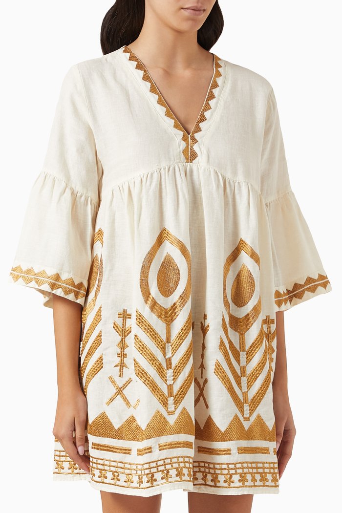 

V-neck Embroidered Mini Dress in Linen, Pink