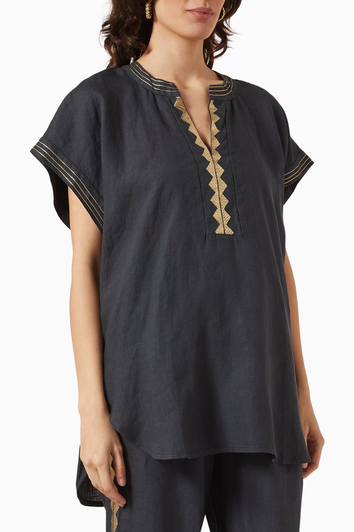 

Embroidered Top in Linen, Black