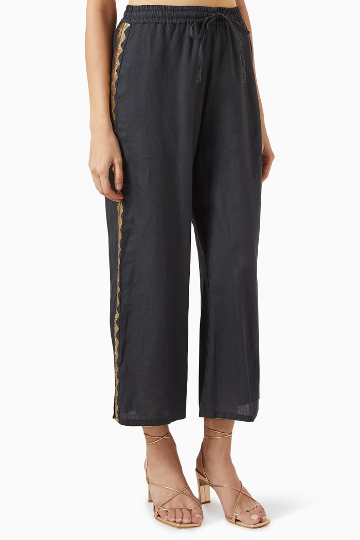 

Embroidered Wide-leg Pants in Linen, Black