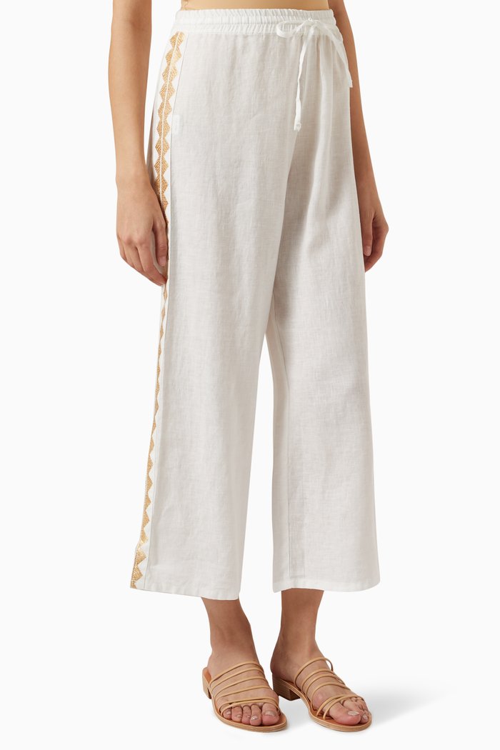 

Embroidered Wide-leg Pants in Linen, White