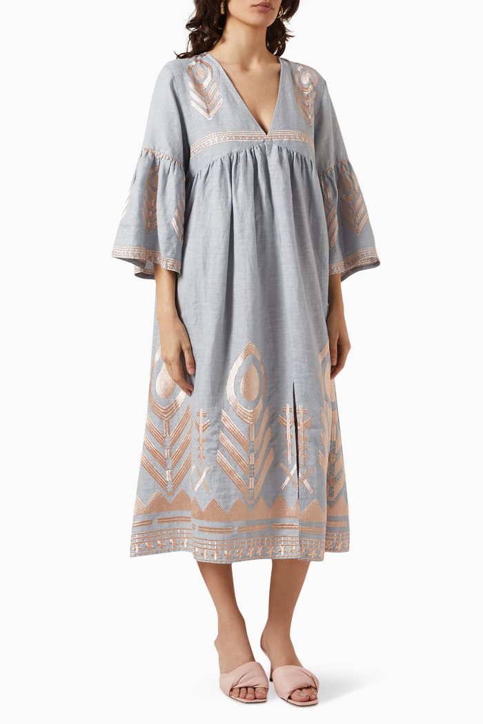 

Embroidered Midi Dress in Linen, Grey