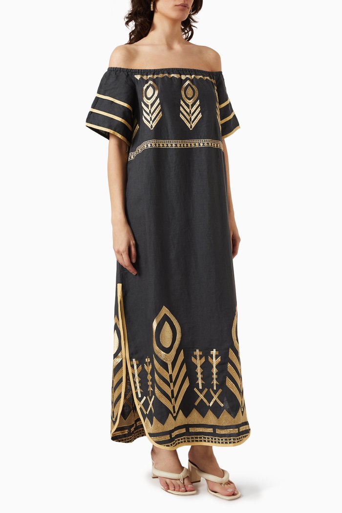 

Embroidered Off-shoulder Maxi Dress in Linen, Black
