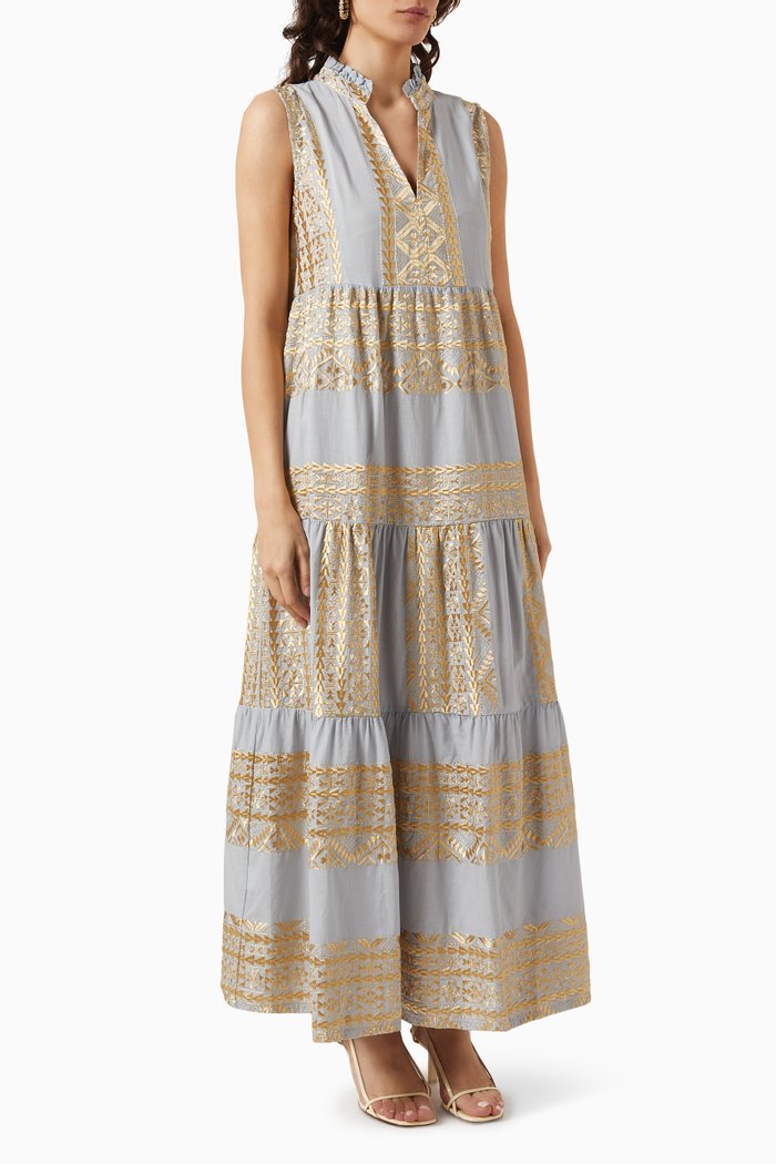 

Embroidered Maxi Dress in Cotton, Grey