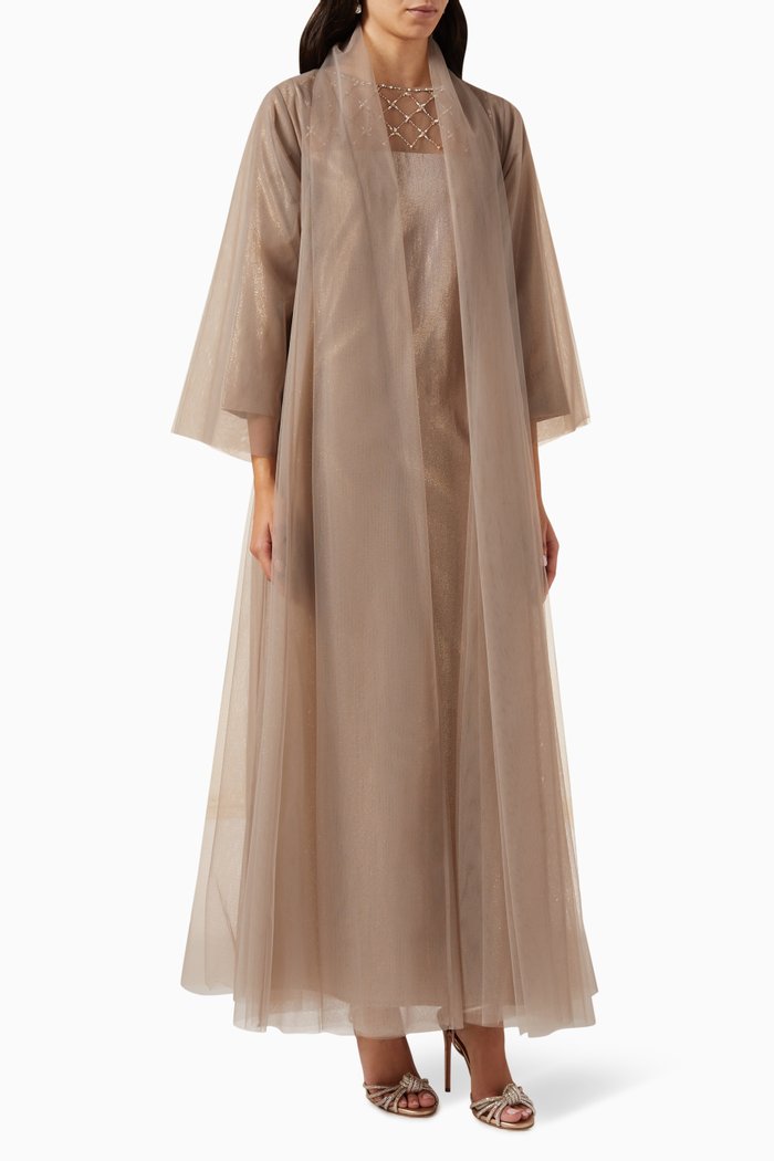 

3-piece Abaya Set in Tulle, Brown