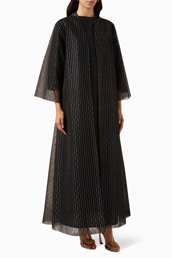 

3-piece Striped Abaya Set in Tulle & Silk, Black