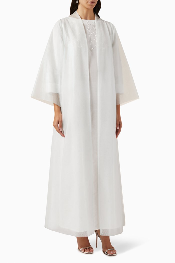 

3-piece Embellished Abaya Set in Tulle & Silk, White