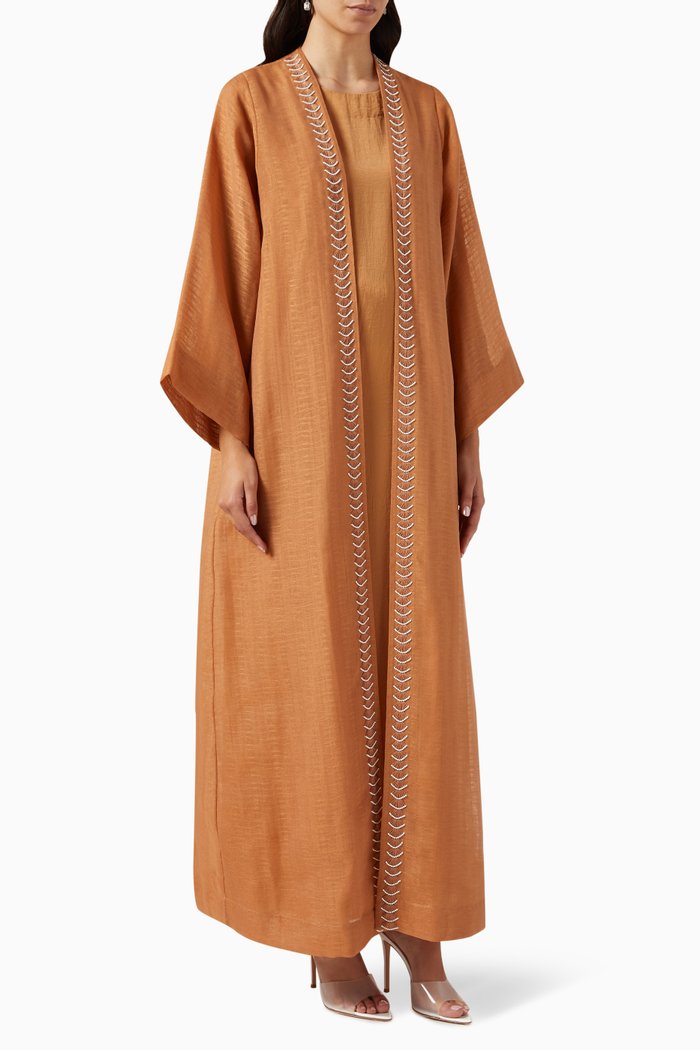 

3-piece Embellished Abaya Set in Organza, Brown