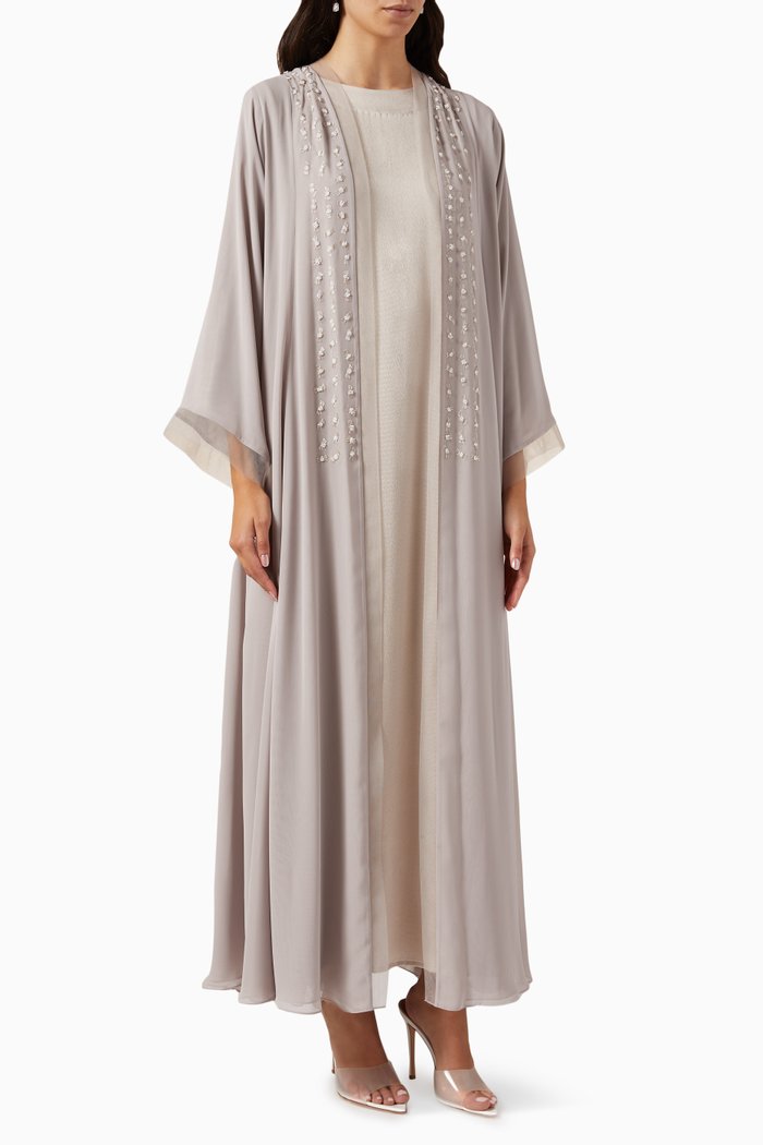 

3-piece Embellished Abaya Set in Chiffon & Satin, Neutral