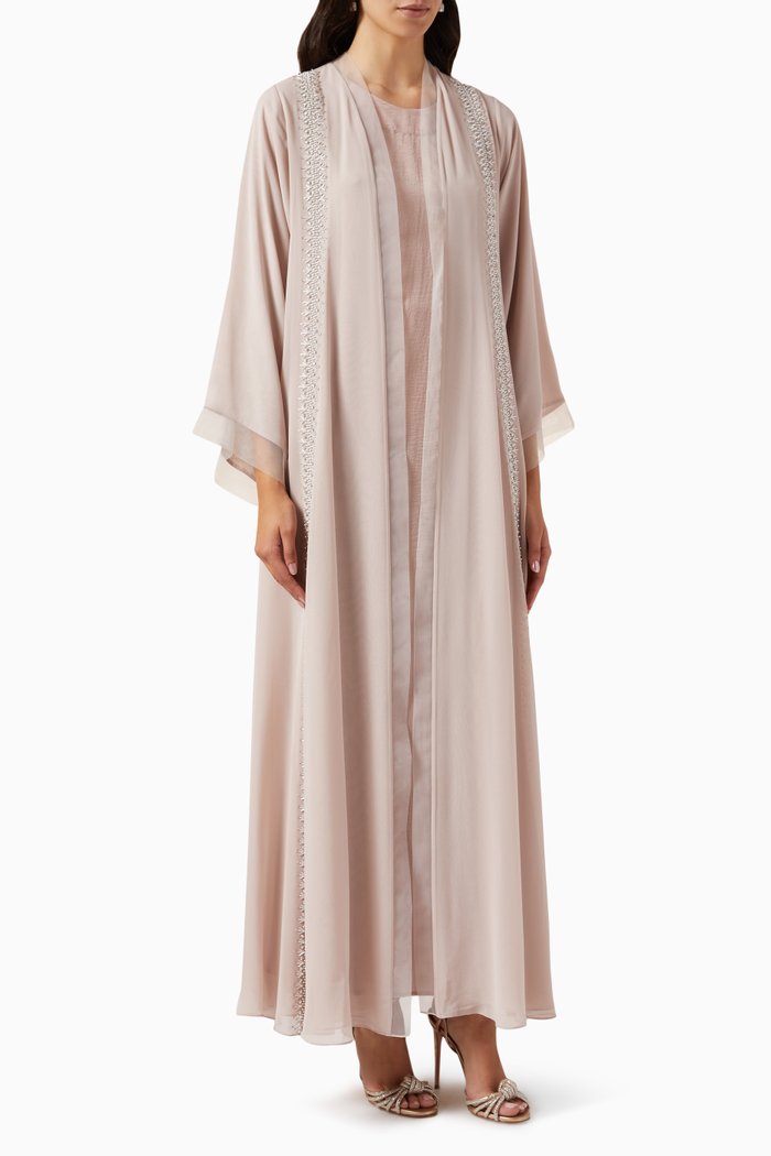 3-piece Embellished Abaya Set in Chiffon & Satin, Neutral