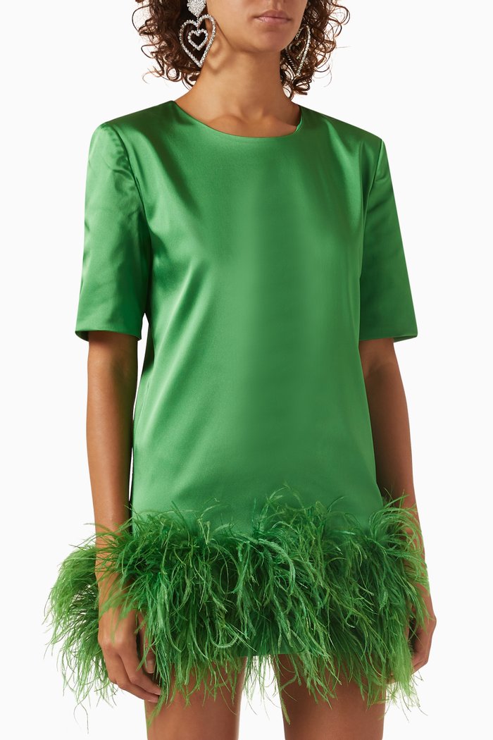 

The Lilly Feather-trimmed Mini Dress in Satin, Green