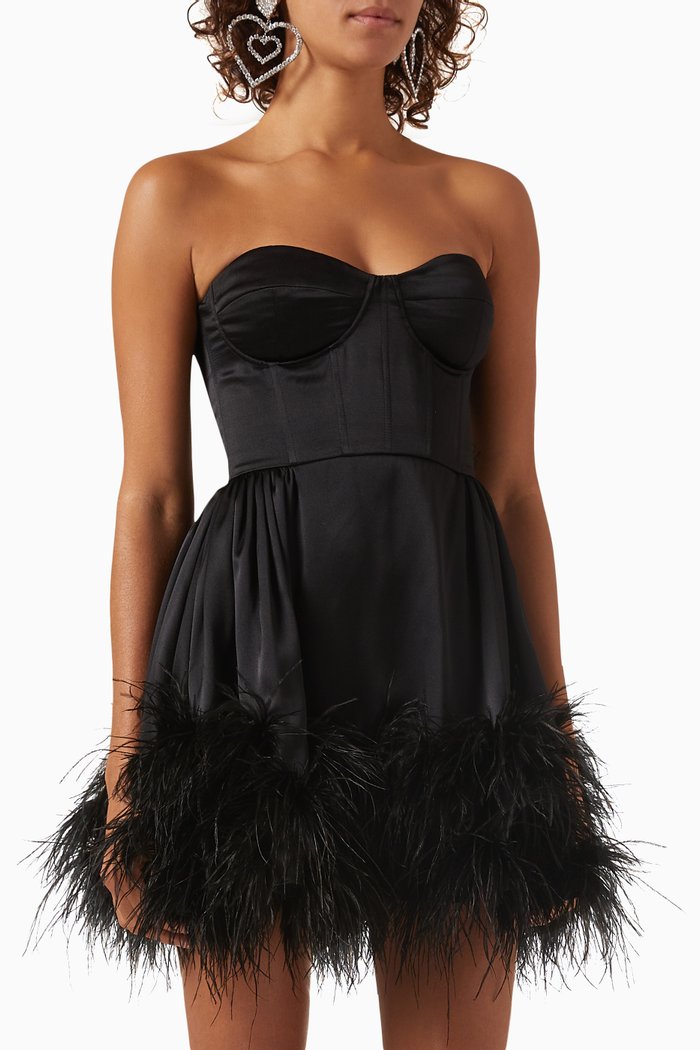 

Sana Feather-trimmed Mini Dress in Silk, Black