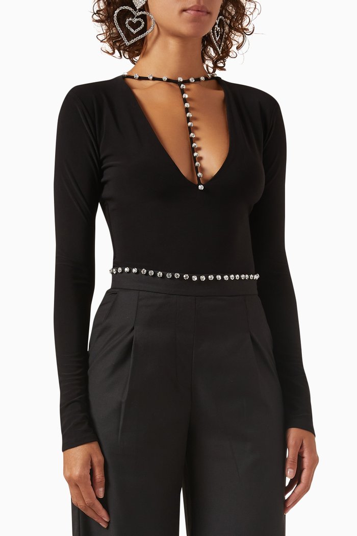 

The Romani Crystal-Embellished Bodysuit in Lycra, Black