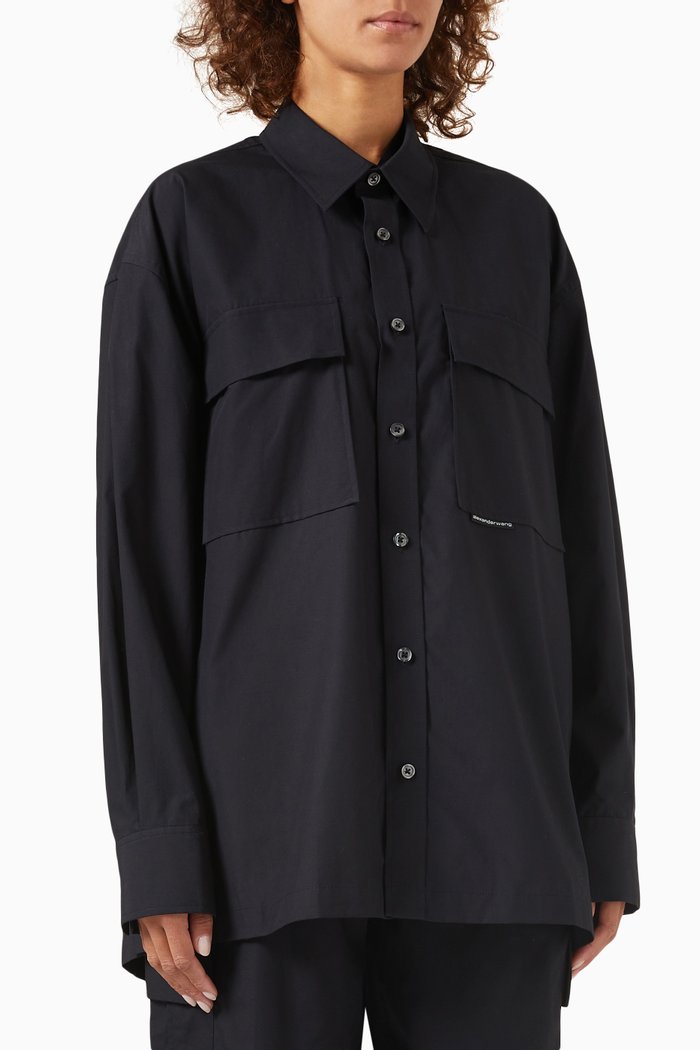 

Oversized Shirt in Compact Cotton, Black