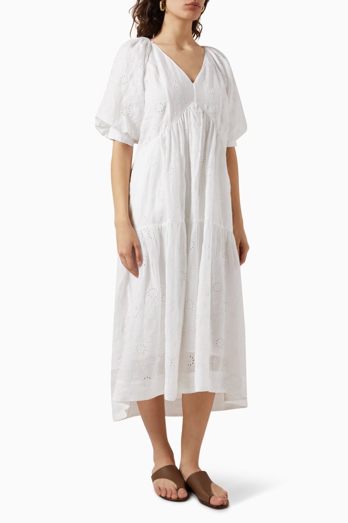 

V-neck Puff Sleeve Maxi Dress in Ramie, White