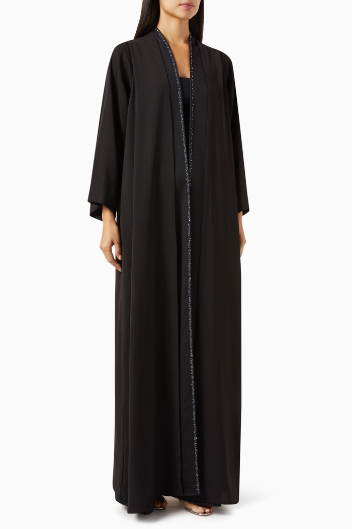 

Embellished-trim Abaya in Crepe & Matte Satin, Black