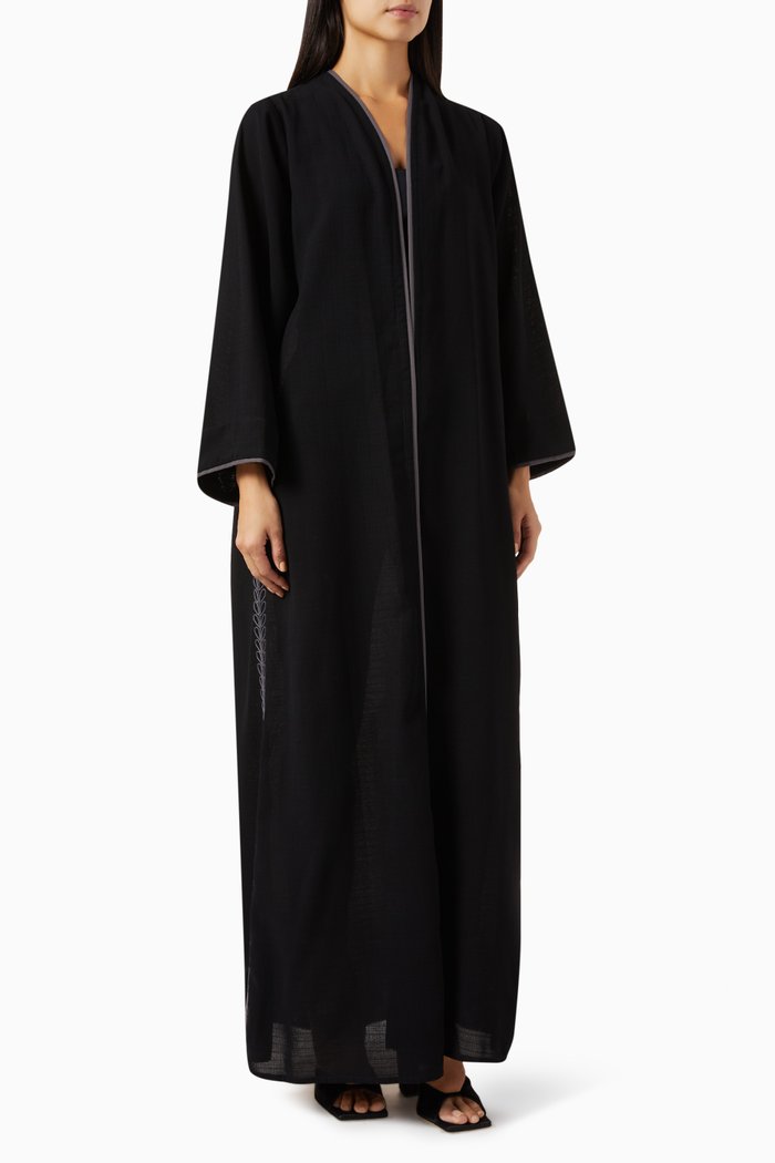 

Embroidered Abaya in Linen, Black