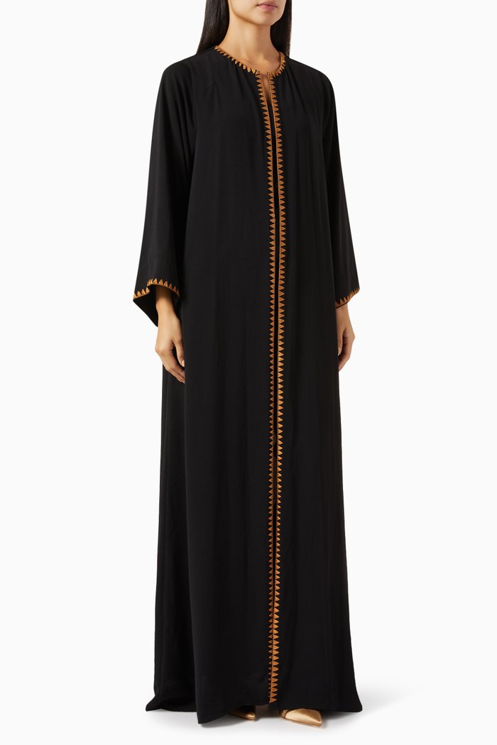 

Embroidered Abaya in Linen, Black