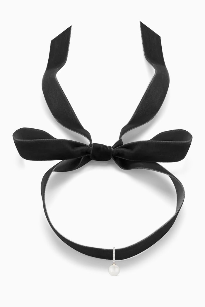 

Pearl & Diamond Choker in 14kt Gold & Velvet, Yellow