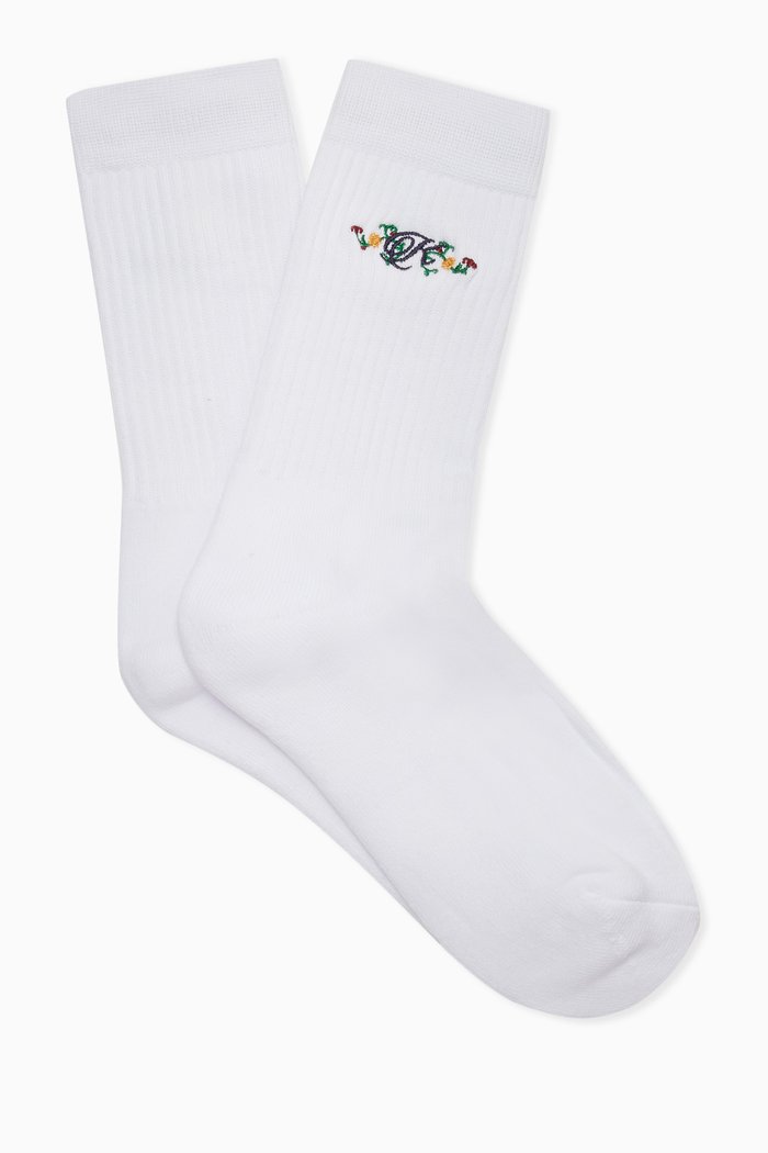 

Floral Script K Socks in Cotton, White