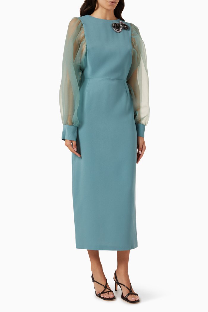 Puff-sleeve Sheath Dress, Green