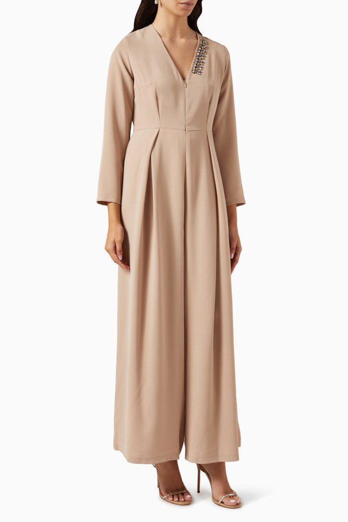

Embellished Neckline Pleated Jumpsuit, Neutral
