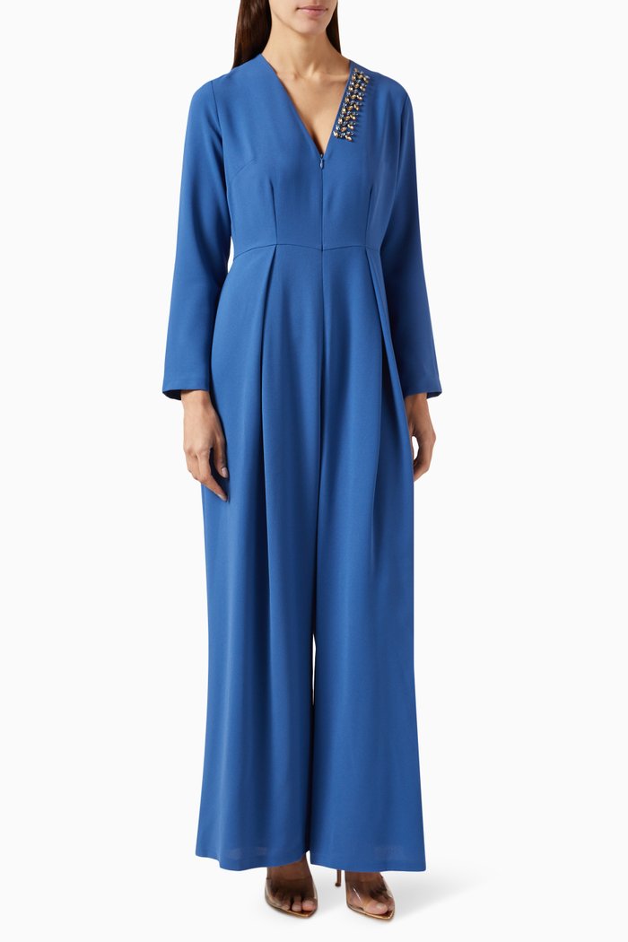 

Embellished Neckline Pleated Jumpsuit, Blue
