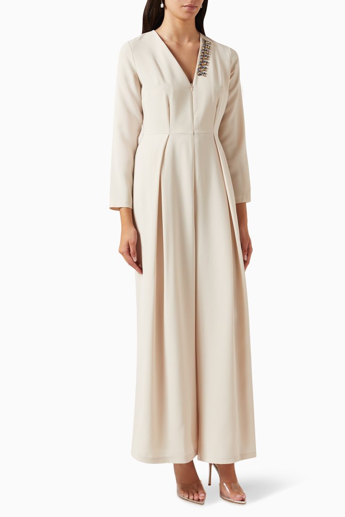 

Embellished Neckline Pleated Jumpsuit, Neutral