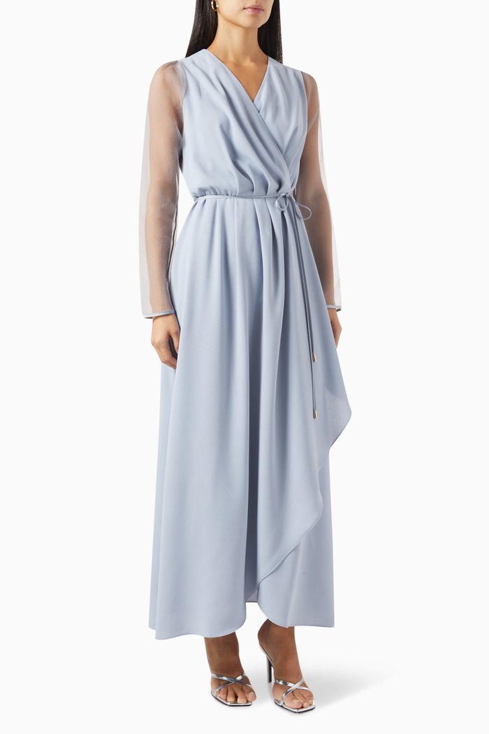 

Sheer Sleeves Wrap Maxi Dress, Blue