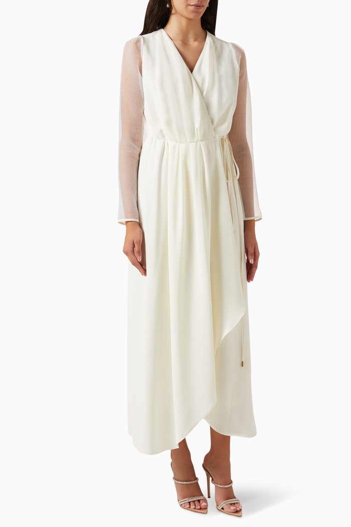 

Sheer Sleeves Wrap Midi Dress, Neutral