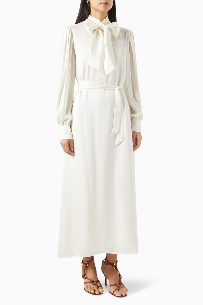 

Pussybow Collar Midi Dress, Neutral