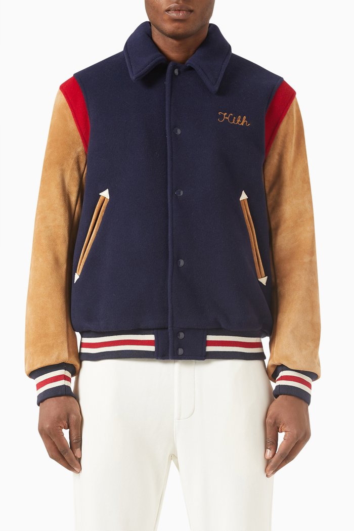 

Varsity Coaches Jacket in Manteco Virgin Wool Blend, Blue