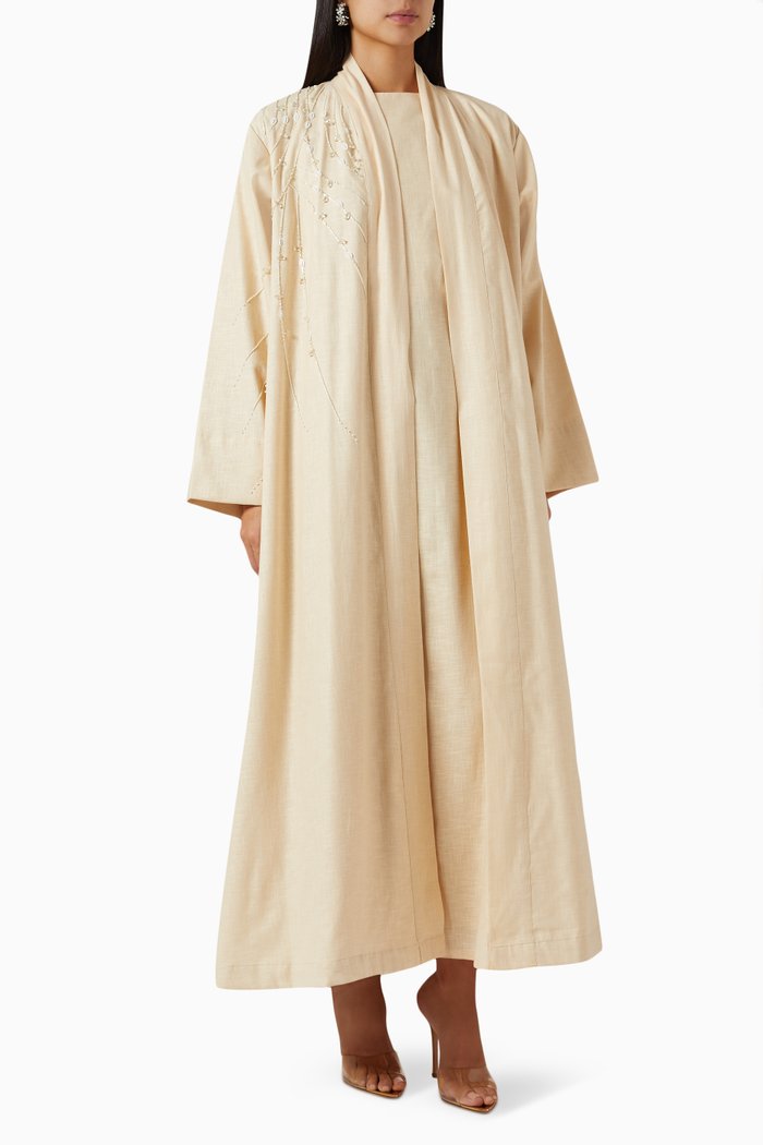 

Beaded Abaya Set in Linen, Neutral