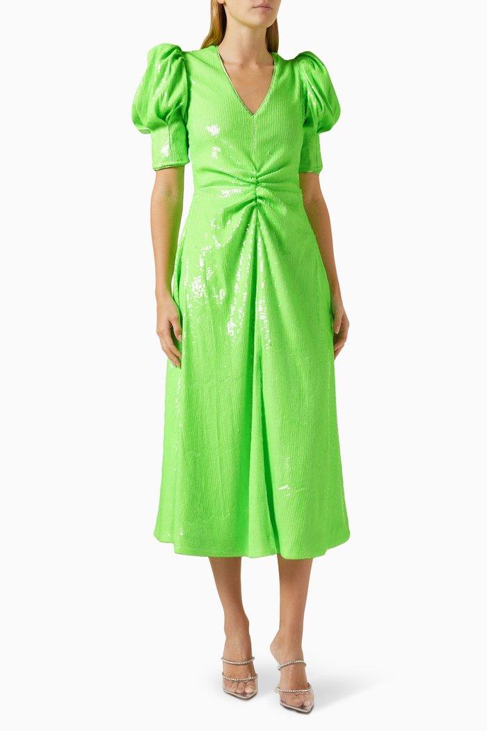 

Twisted V-neck Midi Dress in Sequins, Green